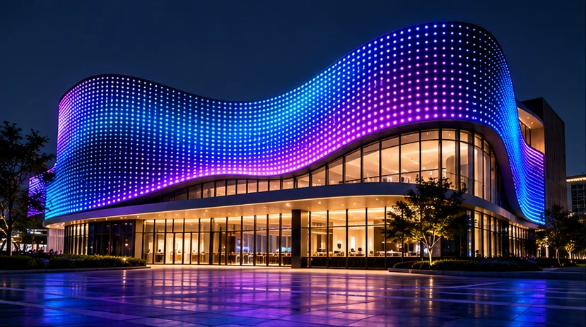Architectural building with blue and purple LED facade lighting