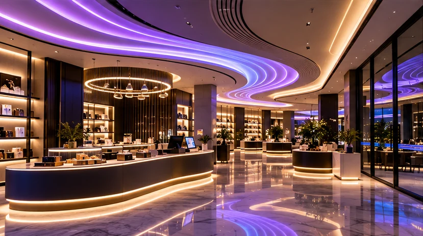 Modern commercial interior with decorative LED lighting